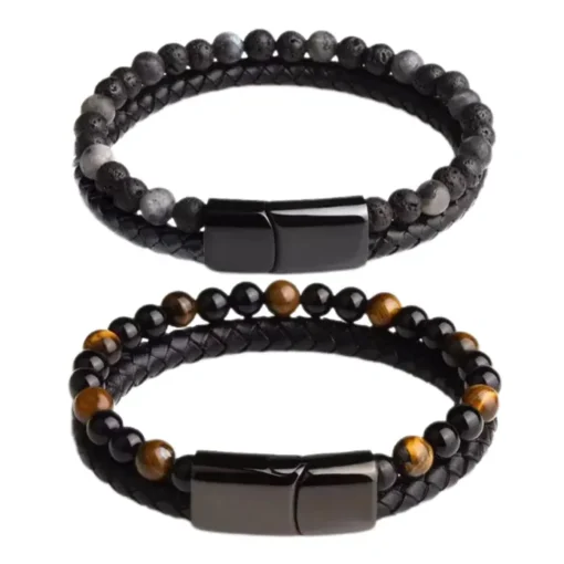 Histone Natural Agate Stone Leather Beaded Bracelet - Image 14